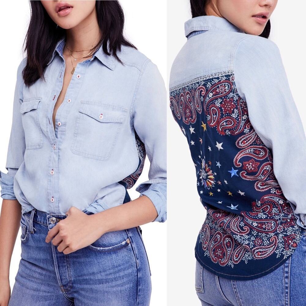 New Free People Embroidered Bandana Bandit Chambray Button Down Shirt Size XS